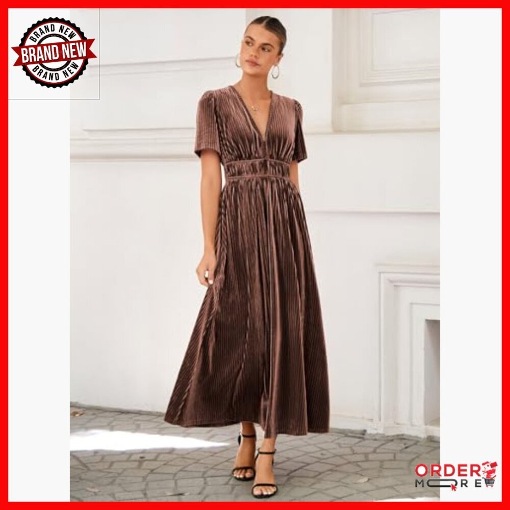 Retro V-Neck Velvet Maxi Dress Formal Party Wedding Guest Long Dress - Picture 2 of 5